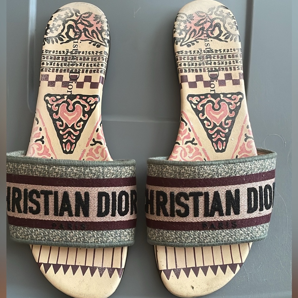 Dior Beige and Green Patterned Slides